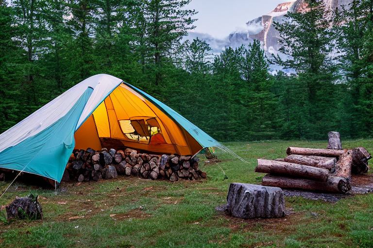 A teal tent rests beside a paved campsite in Upstate New York as dusk settles in. A warm campfire glows among a ring of stones, with hikers nearby and a mountain rising in the cloudy distance.