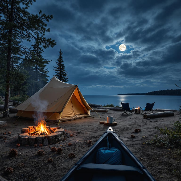 Under the glowing moon, a cozy tent sits by the shimmering lake, surrounded by tall pine trees. A crackling campfire warms the cool night air, inviting stories and laughter. Two chairs face the water, perfect for stargazing and sipping hot cocoa.
