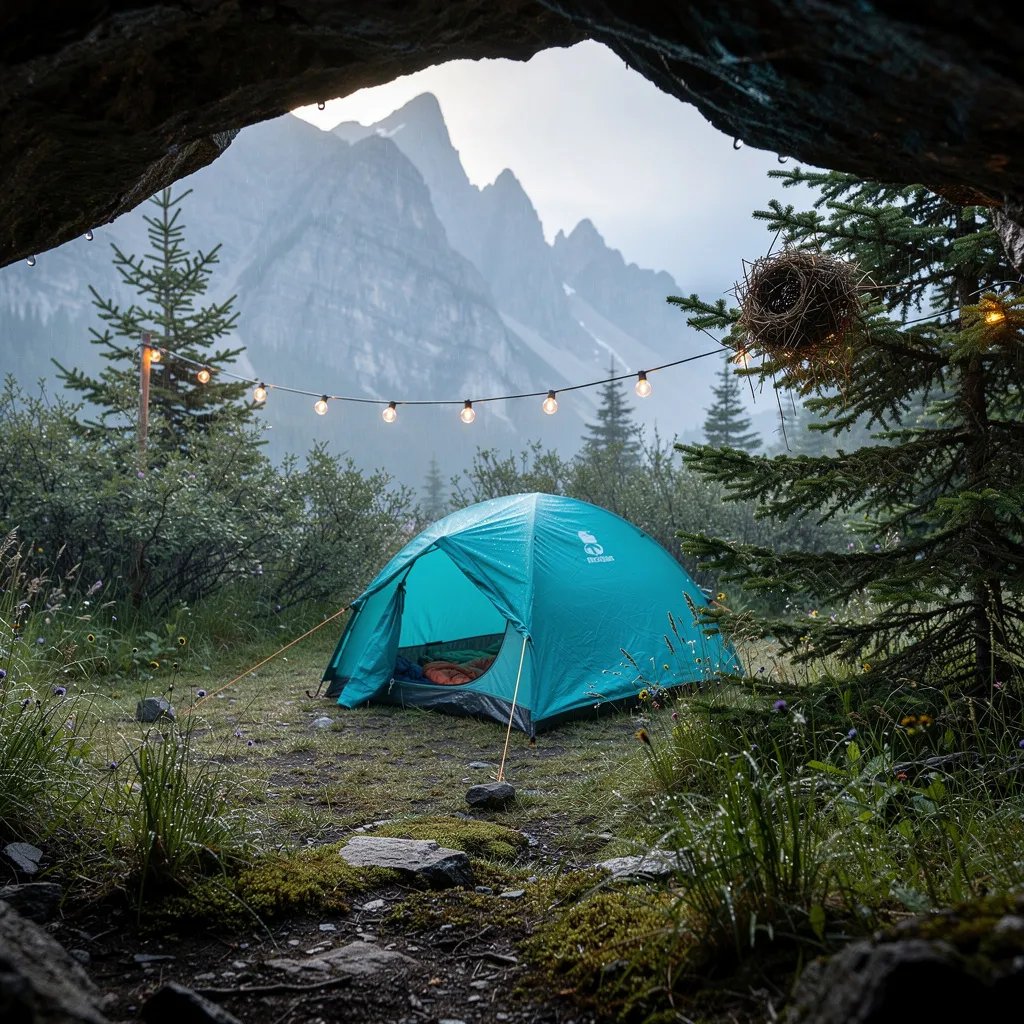Soft morning mist hangs over a quiet mountain clearing, seen from the shade of a rocky overhang. A bright turquoise tent sits in dew-wet grass and wildflowers, with spruce and fir trees all around. Warm string lights glow between two trees, and a tiny bird nest rests on a nearby branch.