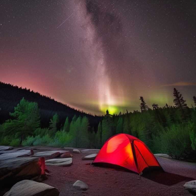 A red tent rests on a quiet paved campsite beneath bright green northern lights. Large stone slabs and a wooden guitar sit nearby, while a distant flashlight glows beside the mountain. Storm clouds add a wild, peaceful feeling to the night.
