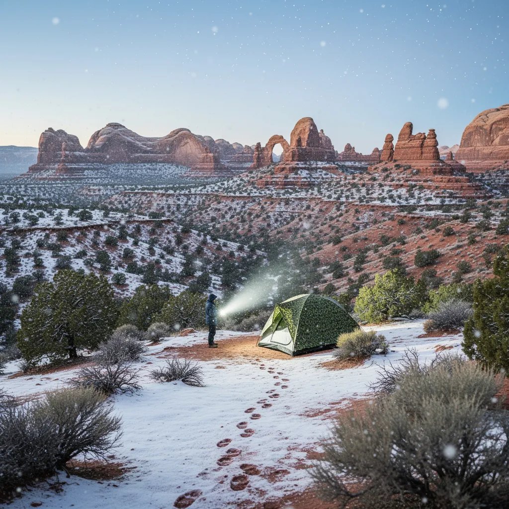A cozy tent sits on snowy red rocks surrounded by tall, strange rock formations and green bushes. The air feels chilly and quiet as snowflakes fall gently from the sky. It's the perfect spot for an adventure under wide open skies.