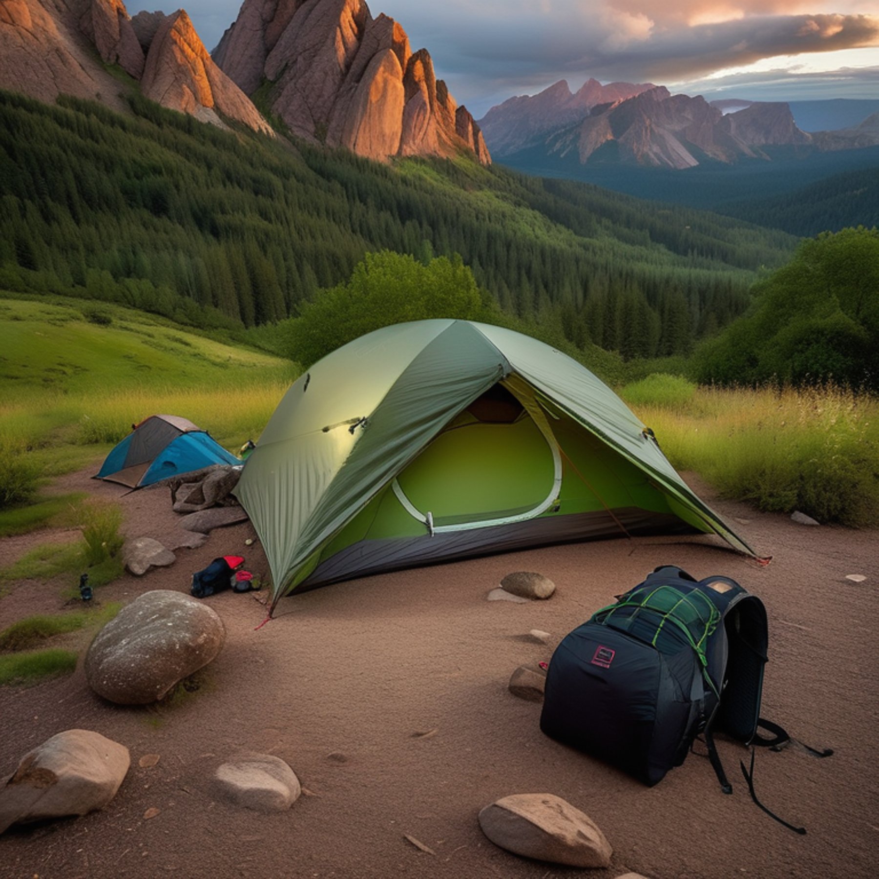 A green tent rests on a quiet dirt patch high on a mountain. Large trees and rocky boulders surround the campsite, while a backpack sits nearby. Golden light shines through the rainy air, creating a calm, wild feeling.
