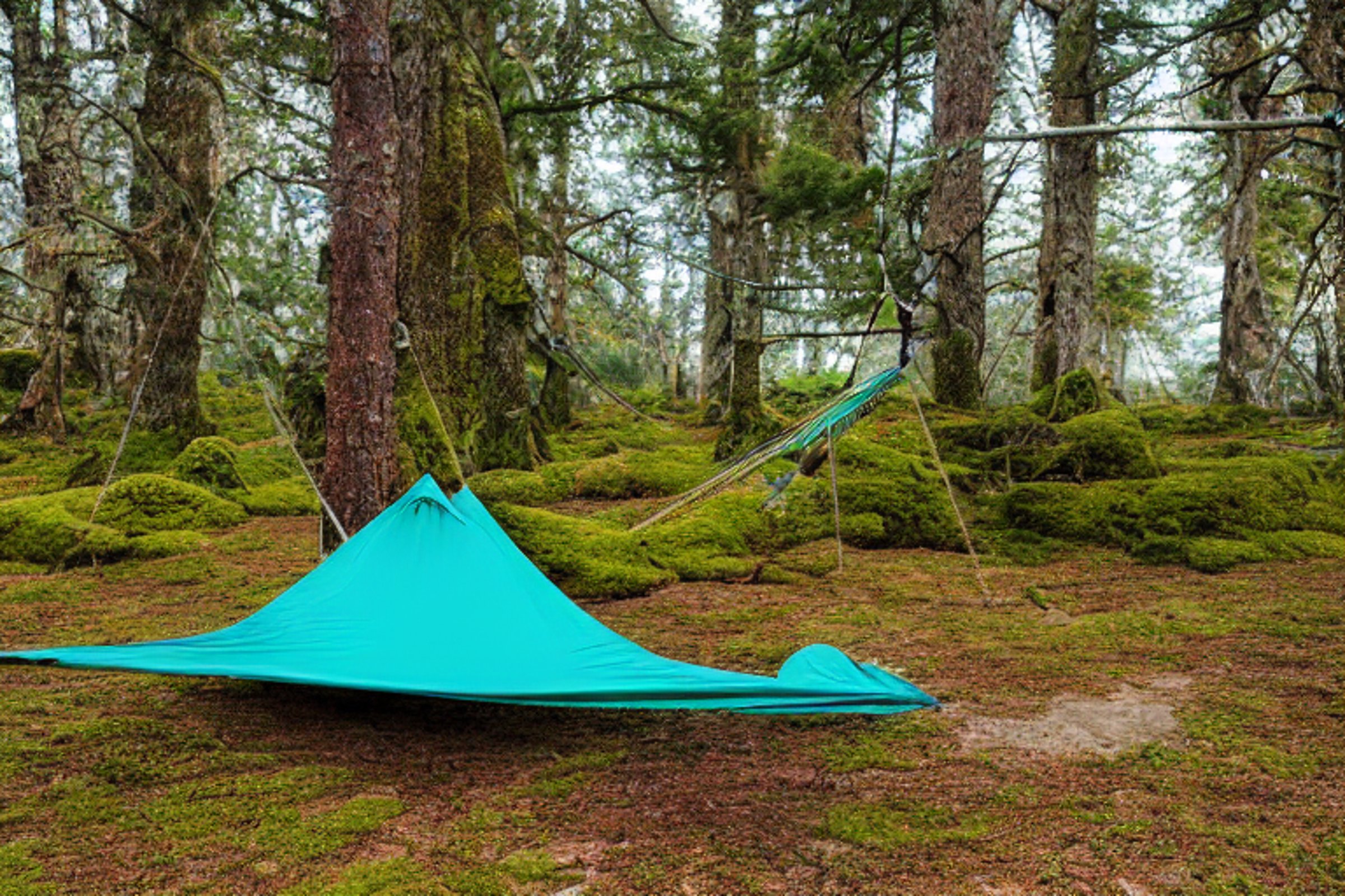 A teal tent rests on a dirt patch in a rocky, petrified forest. Moss-covered trees surround the paved campsite, with a hammock hanging nearby. Stormy clouds mix with the soft light of sunrise, creating a wild, peaceful mood.