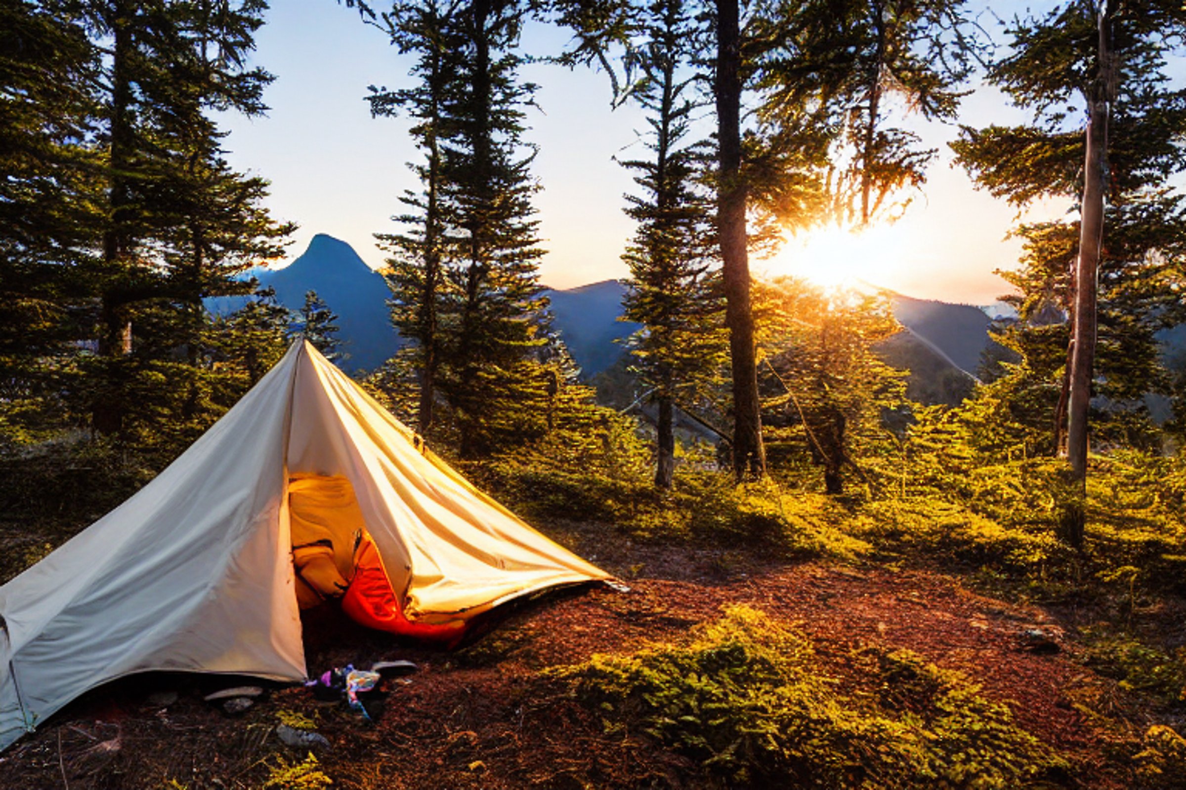 A cozy tent rests beside a glowing campfire in the snowy Smoky Mountains. Rolling hills stretch into the sunrise, while a hammock hangs between the trees. A backpack, wildflowers, and a patch of dirt complete this peaceful campsite.