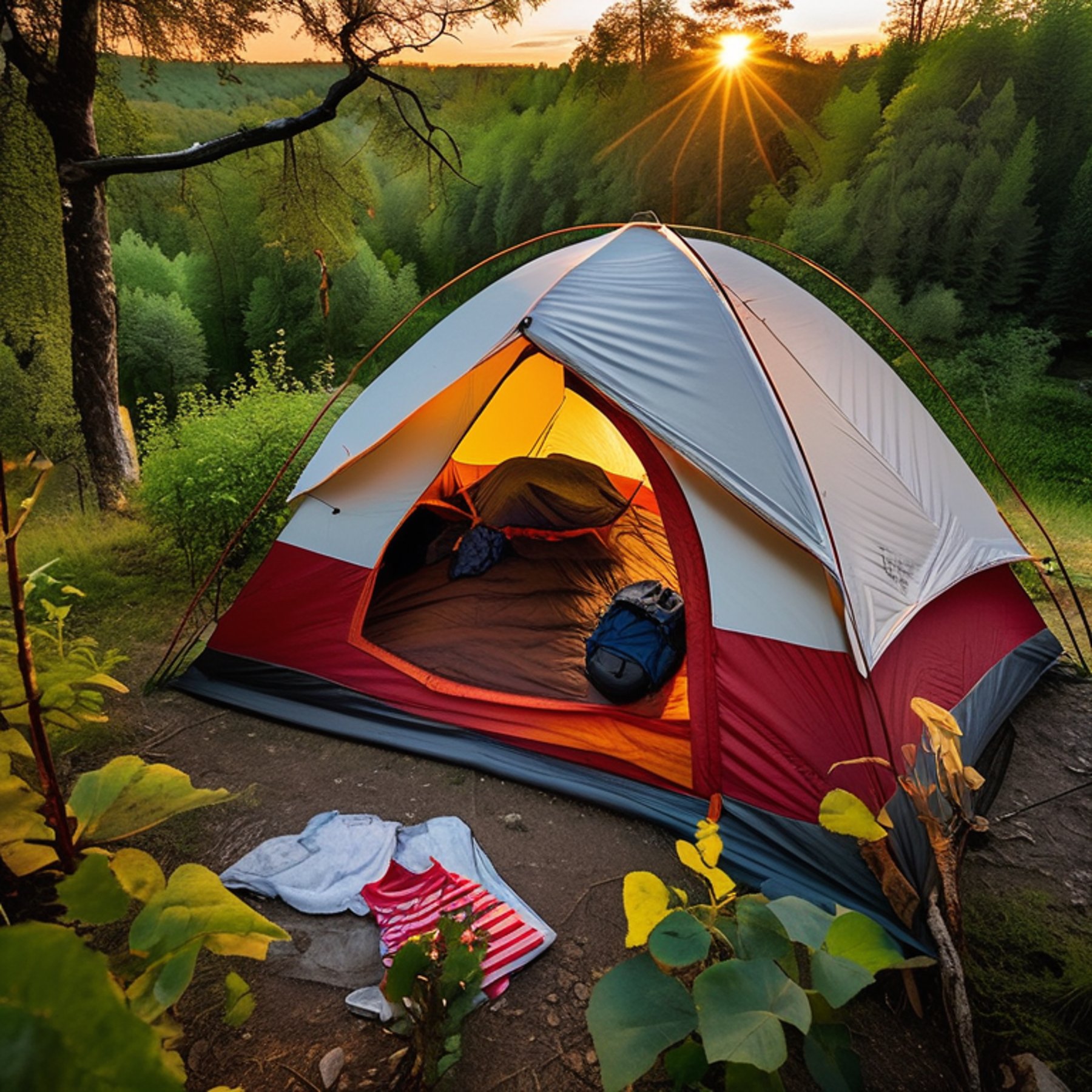 A cozy tent glows beside a small campfire in a dirt clearing. Bushes surround the campsite, while clothes sway on a nearby line and hikers explore under a cloudy sunrise sky.