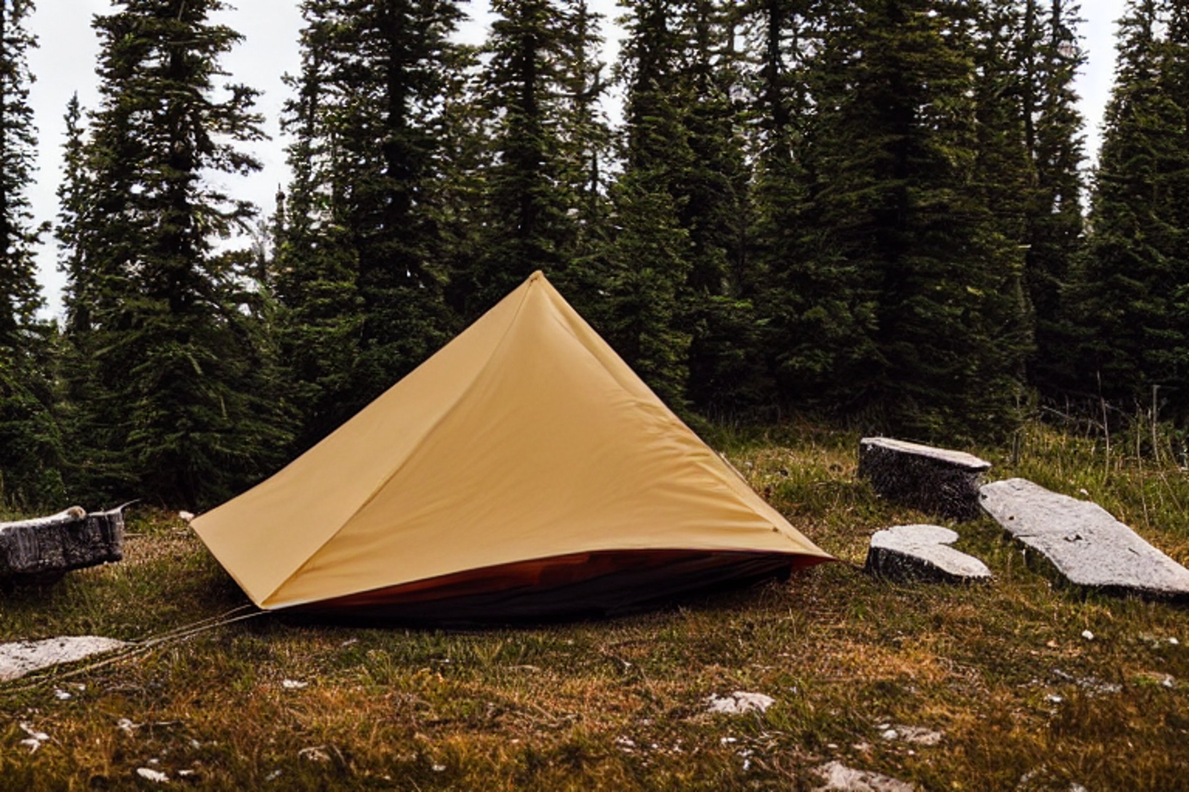 Two tan tents sit on a quiet paved campsite in Montana. Snow falls over the grassy ground as a warm campfire glows among a ring of stones.