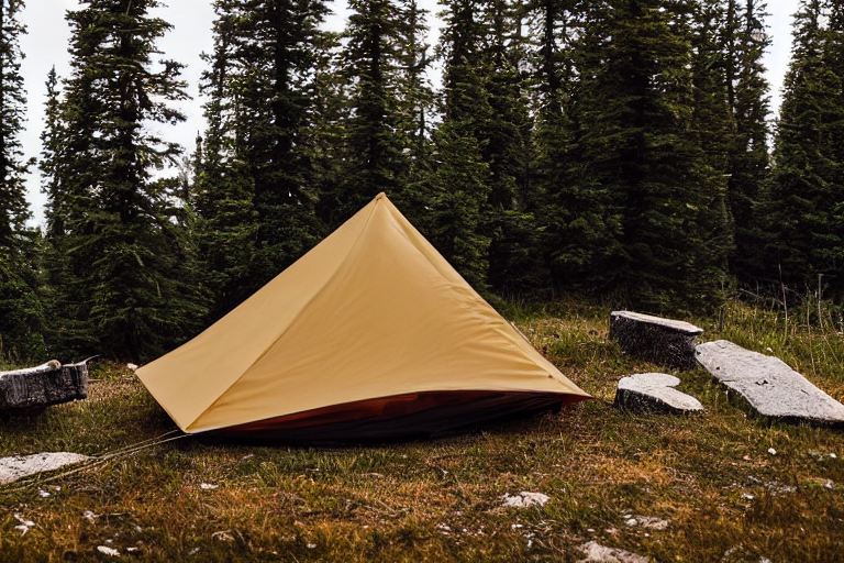 Two tan tents sit on a quiet paved campsite in Montana. Snow falls over the grassy ground as a warm campfire glows among a ring of stones.
