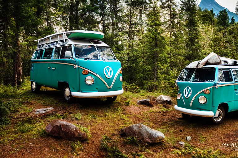 A teal campervan rests on a quiet dirt campsite surrounded by tall forest trees. Stone slabs and a winding hiking path lead toward a mountain in the distance. Warm golden light and a clear sky create a peaceful outdoor escape.