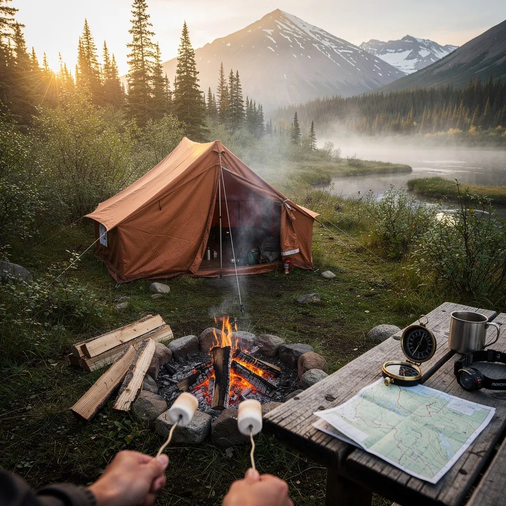 A warm sunrise glows over a quiet Alaska valley, with mist drifting through the pine trees. In a small clearing, a copper canvas tent sits by a fire ring with glowing coals and stacked logs. Marshmallows toast over the fire, and a compass rests on a folded map on a weathered table. The air feels cool and damp, and everything looks calm and wild.