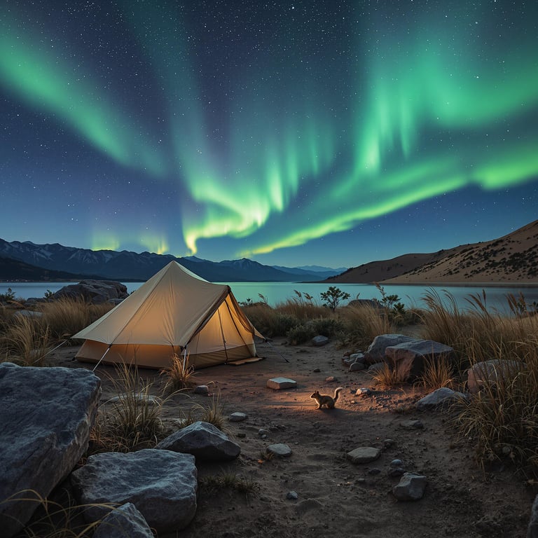 A cozy beige tent rests beside Lake Tahoe under glowing green northern lights. Tall grass bends in the wind around smooth stone slabs and a winding dirt path. A little squirrel races through the campsite as sandy dunes shift in the distance.