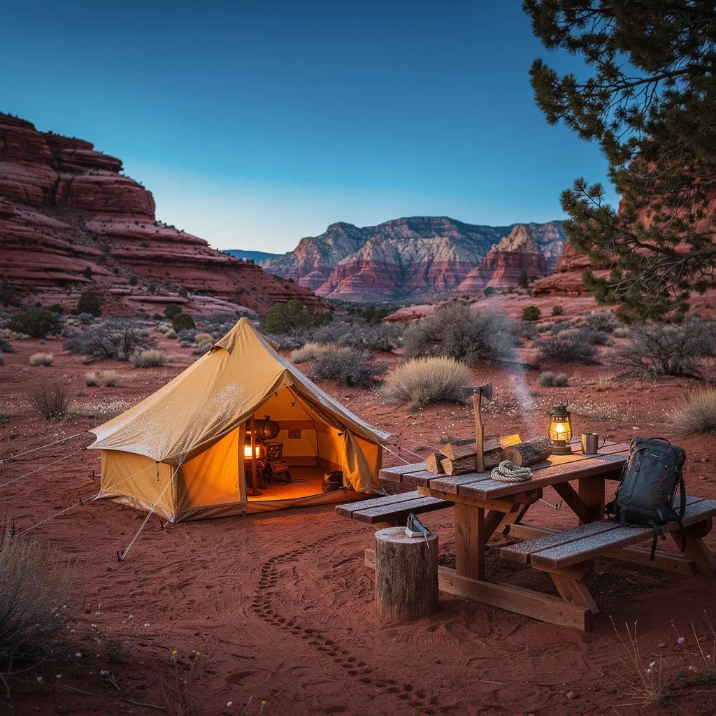 In the cool blue dawn, a mustard-yellow tent sits on sandy red ground among tall sandstone rocks and desert shrubs. A picnic table and a neat stack of firewood wait nearby, while a tiny stove glows softly inside the tent. Faint animal tracks curl through the dirt as the canyon wakes up quietly.