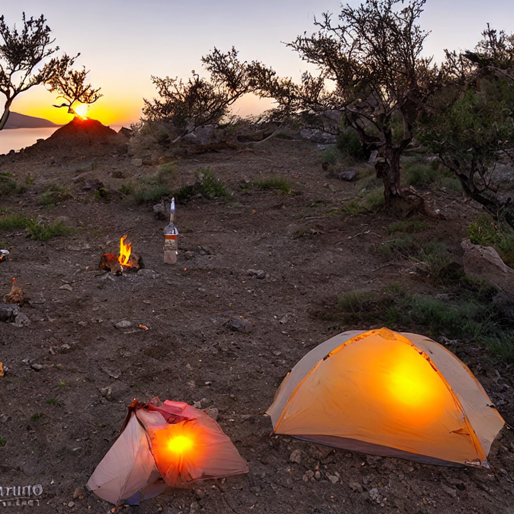 A tan tent rests on a sunny dirt clearing as a warm campfire glows nearby. Small trees, fallen leaves, and a camping lantern add a cozy touch, while surfers enjoy the water in the distance beneath Santorini’s sunset sky.