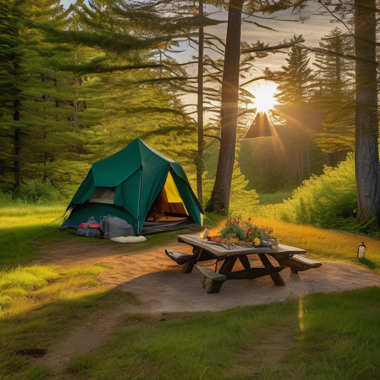 A forest green tent rests on a sunny dirt campsite along the Maine coast. Wildflowers, rolling hills, and a picnic table surround the spot, while logs circle a warm campfire. Golden light fills the peaceful scene.