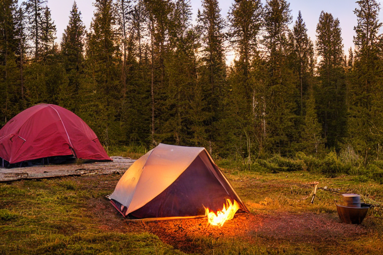A cozy tent rests on a dirt campsite in snowy Norway. Bushes surround the camp, while a warm campfire glows beside a large log. In the distance, a tall mountain rises beneath the soft sunset sky.