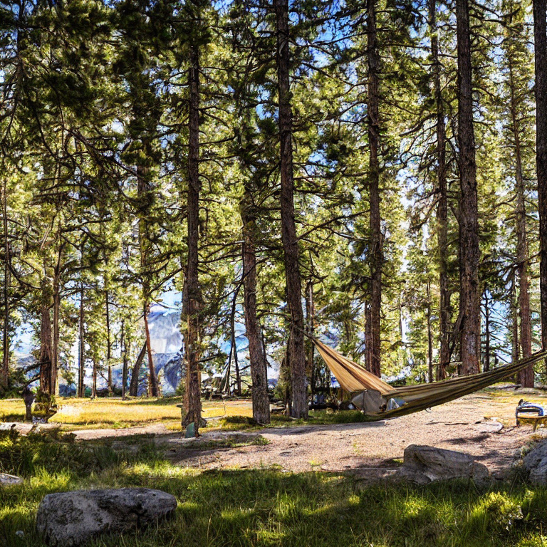 A green and tan tent rests on a sunny campsite in Yellowstone. Tall trees, large rocks, and boulders surround a warm dirt clearing. A hammock hangs between the trees as the morning sun rises.
