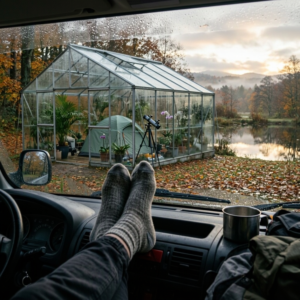From the van’s driver’s seat, a tent and telescope sit inside a greenhouse by a pond. Rain dots the windshield, and socked feet stretch across the dashboard.