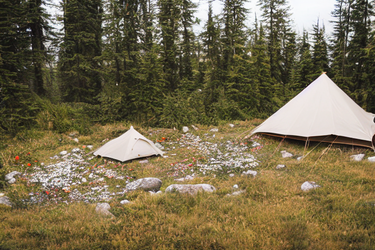 A tan tent rests on a paved campsite surrounded by rough ground and bright wildflowers. Hikers explore the rainy Vancouver Island setting, while a white cooler sits nearby. Overhead, the scene feels fresh, wild, and peaceful.
