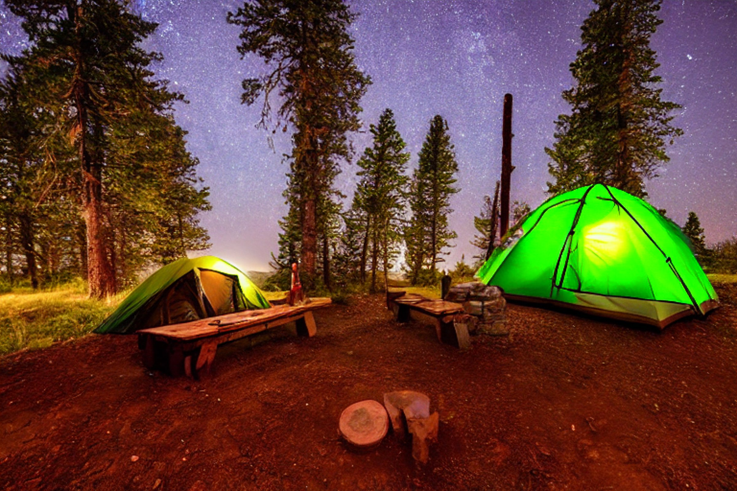 A green tent glows beside a warm campfire in a quiet desert campsite. Tall red cliffs of Monument Valley rise under a stormy night sky, with a picnic table and scattered stones nearby.
