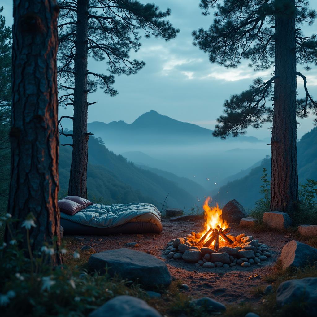 A turquoise sleeping bag rests in a misty rainforest beneath the evening stars. A warm campfire glows among stone rings, with a delicate spider web between the trees. Mountains rise in the distance, while bright wildflowers add color to the dreamy campsite.