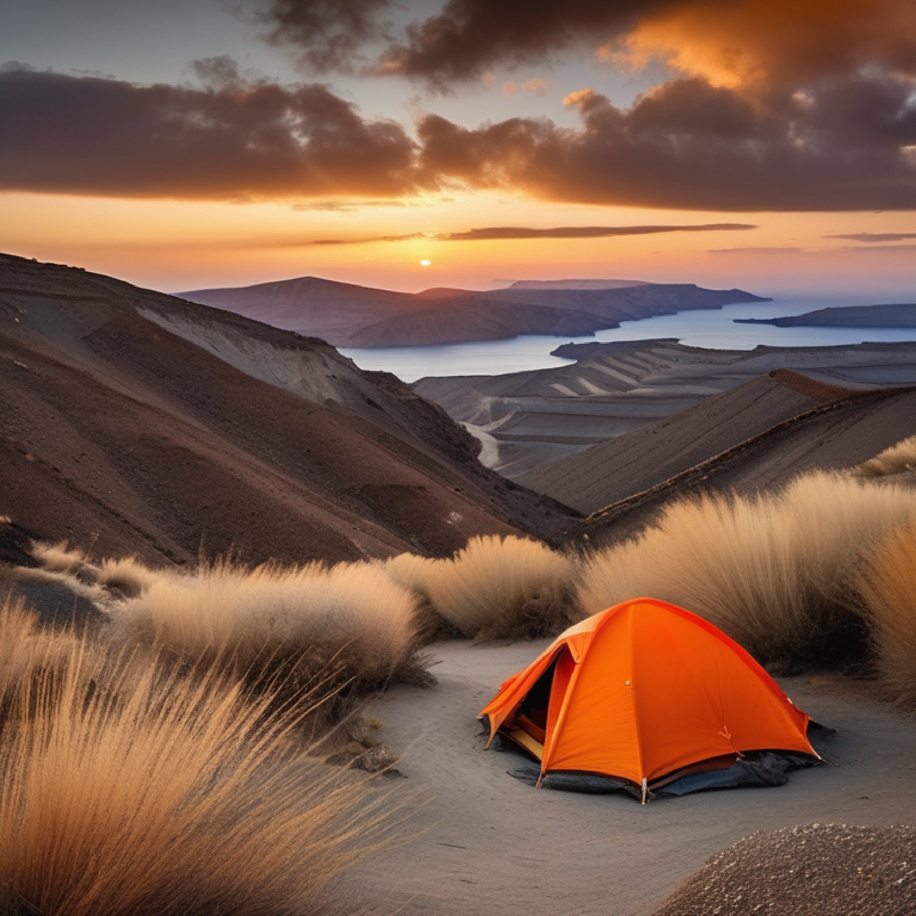 A gray and orange tent rests on a sunny dirt campsite in Santorini. A winding trail leads through tall grass toward rolling hills glowing in the sunrise.