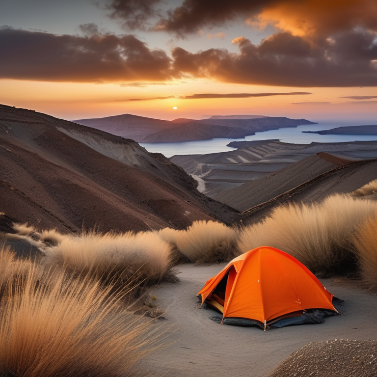 A gray and orange tent rests on a sunny dirt campsite in Santorini. A winding trail leads through tall grass toward rolling hills glowing in the sunrise.