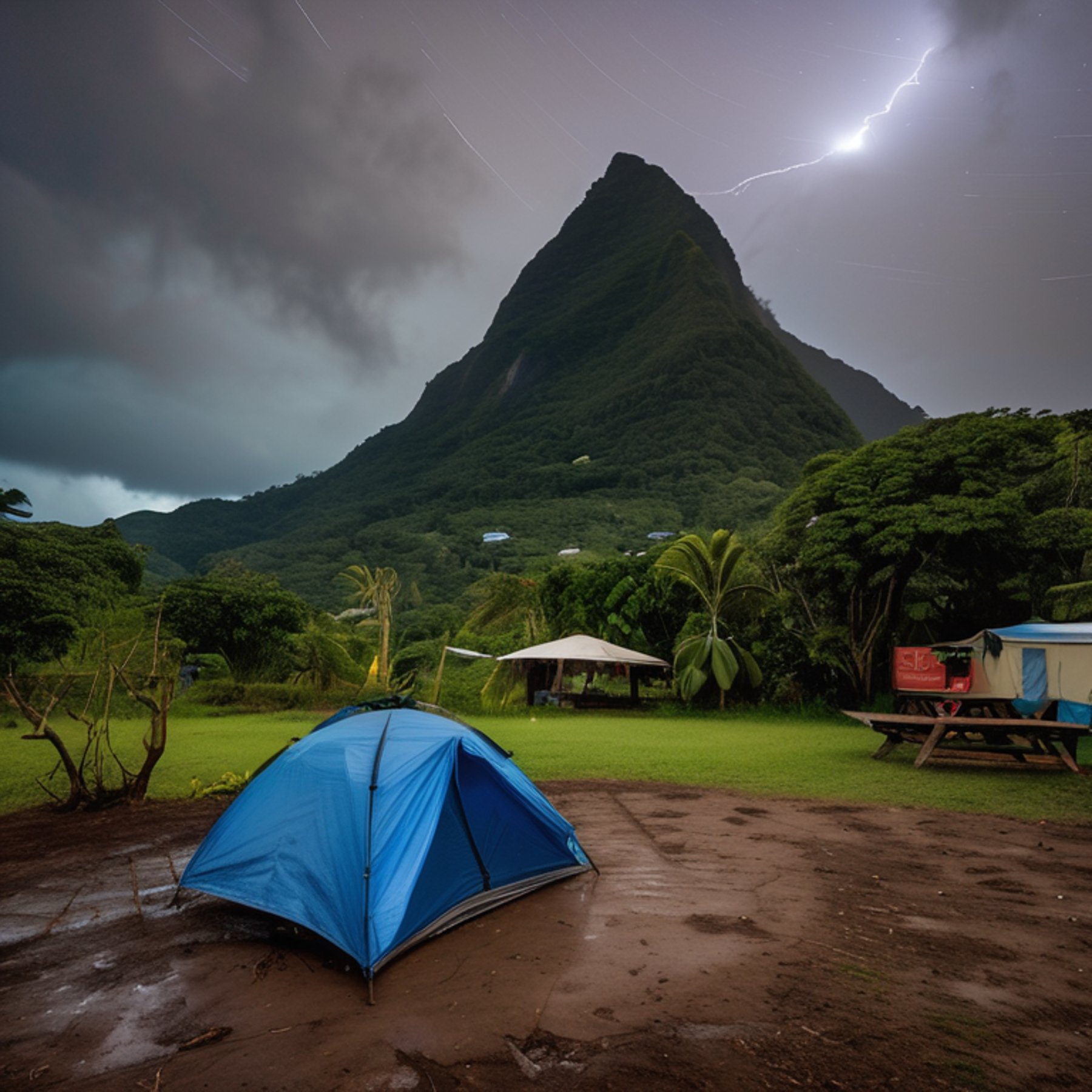 A gray and blue tent rests on a quiet dirt patch beneath a starry night sky. Misty mountains rise in the background, while a picnic table, smooth stone slabs, and a wooden guitar add charm to the rainy campsite.