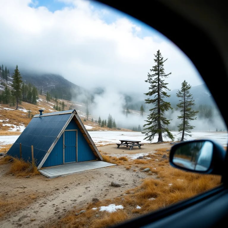 A bright blue lean-to shelter sits beside a steaming geyser in a quiet valley. Fog drifts through the hills, while a dirt path, picnic table, and animal tracks invite visitors to explore.