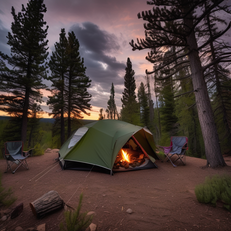 A forest green tent rests on a quiet dirt campsite beneath a star-filled, cloudy sky. Camping chairs sit nearby along a winding trail, with fallen leaves and berry bushes adding a cozy touch.