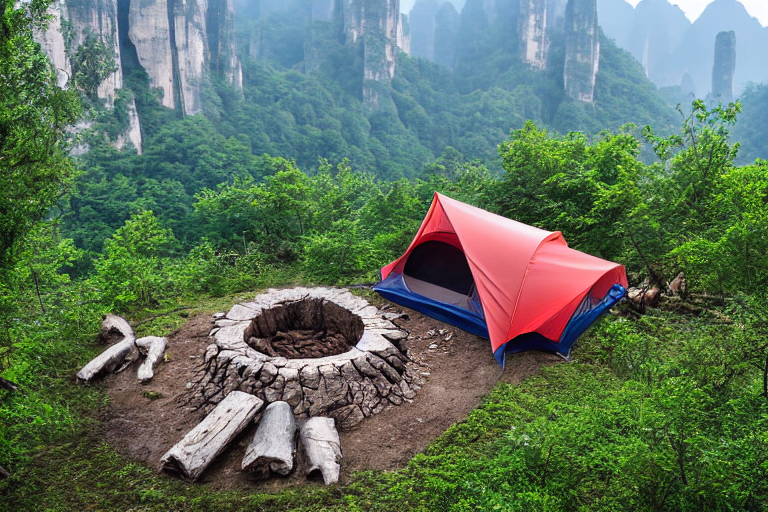 A colorful tent rests on a paved campsite beneath the night sky in Zhangjiajie, China. Rocky ground, a winding dirt path, and a large stone surround the cozy campfire and nearby log.