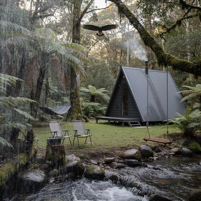 Mist from a nearby waterfall drifts into a quiet rainforest clearing beside a rocky creek. A dark little A‑frame cabin sits among bright green ferns, with two old chairs and a hammock ready for rest. A rope swing hangs from a thick branch, and high above, an eagle glides through the gray afternoon sky.