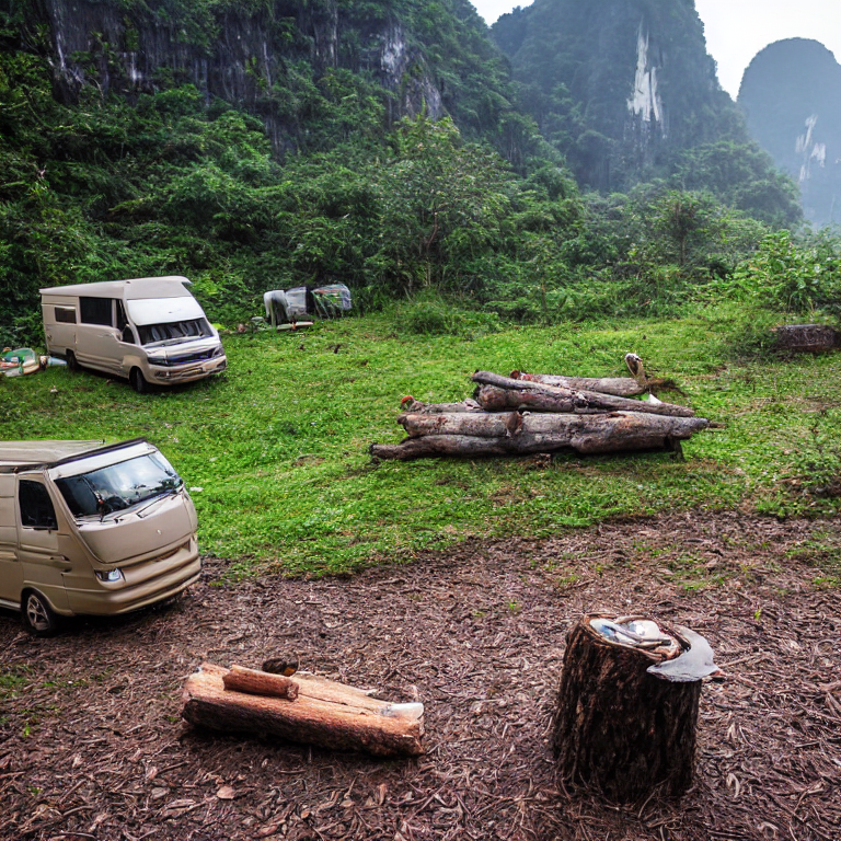 A brown camper van rests on a snowy dirt patch in Halong Bay as the sun sets behind the mountains. A warm campfire glows beside a wooden log, with rocks scattered around the quiet campsite.