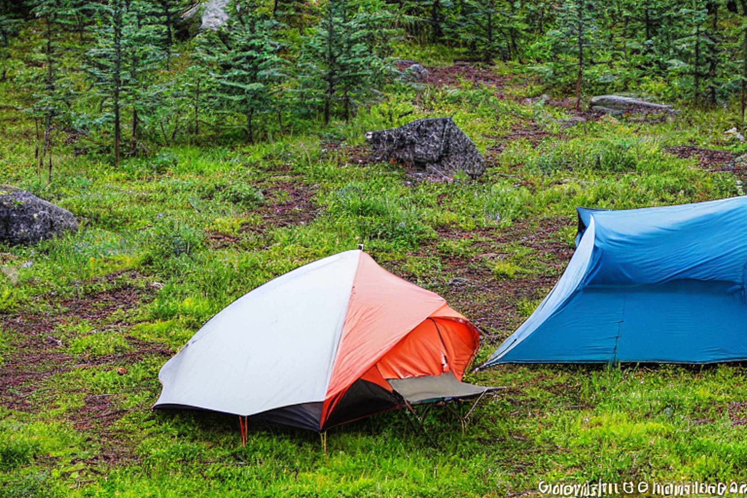 A bright, colorful tent rests on a quiet dirt campsite beneath glowing northern lights. A mountain rises in the distance, while small flowers and stone patches dot the ground. A backpack sits nearby, ready for adventure.