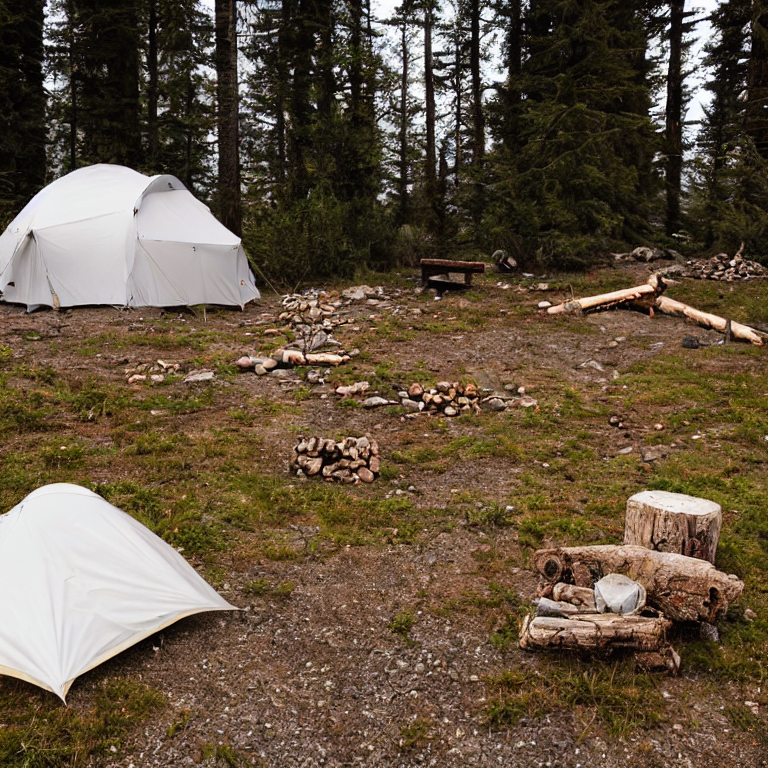 A white tent rests on a quiet paved campsite beneath a starry Big Sur sky. Small trees and stone-covered ground surround a warm campfire ringed with rocks. Rainy weather adds a peaceful, cozy feeling.