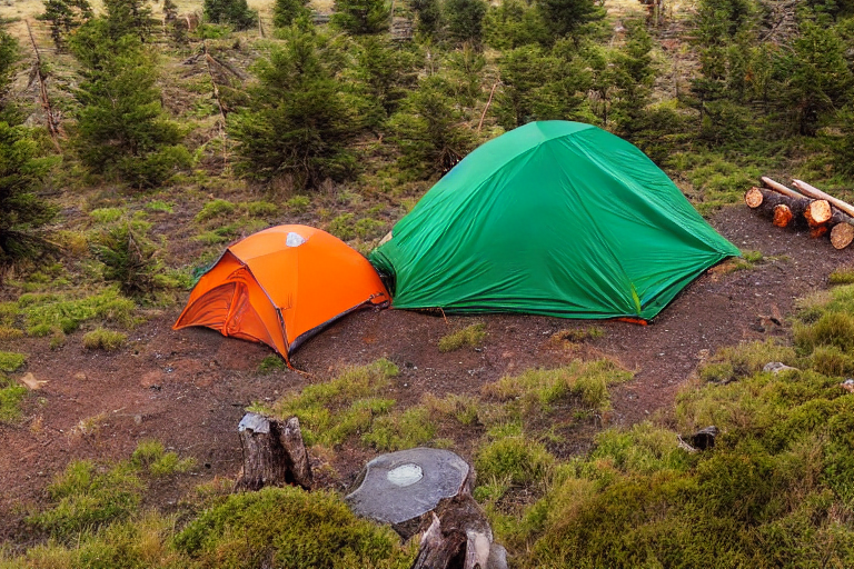 An orange tent rests on a quiet dirt campsite in the Idaho plains at dusk. A warm campfire glows beside the logs, with ferns, mossy trees, and boulders all around. Cloudy skies give the peaceful scene a cool, cozy feeling.