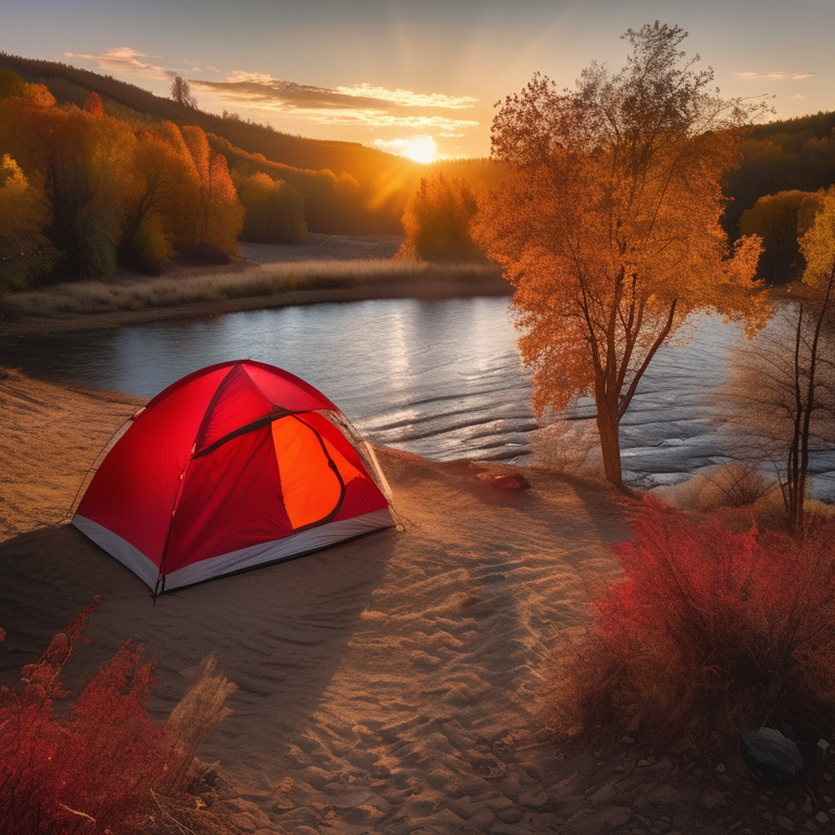 A red and white tent sits beside a warm campfire near a quiet river. Golden sunlight shines through the colorful fall trees, while a pale moon rises in the sky. The dirt clearing feels peaceful and ready for an evening outdoors.