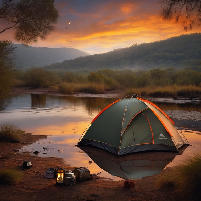 A gray and orange tent rests among the mangroves beside a quiet parking spot. A lantern glows on the ground, while pine cones cover the shore. Foggy hills and a rainbow reflect softly in the still water at sunset.