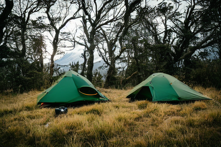 A forest-green tent rests on a dirt campsite surrounded by tall grass and stone patches. Stormy clouds gather as the sun rises over the wild mountains. A camper’s flashlight glows in the distance beside a box of gear.