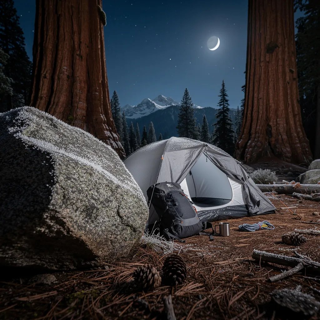 A quiet charcoal-gray tent sits on frosty ground beneath giant sequoia trees. Cool moonlight and starlight make the bark glow while deep shadows stretch across pine needles and cones. A huge granite boulder rests nearby, and far away you can barely see snowy mountains under a thin crescent moon.