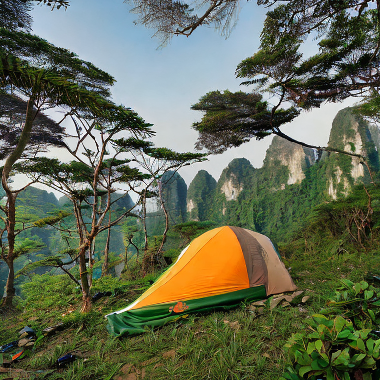 A forest-green tent rests on a quiet dirt campsite in Halong Bay, surrounded by boulders and ferns. The warm sunset lights the clear sky, with a distant moon rising above the trees. A small parking spot adds a touch of comfort to this peaceful nature setting.