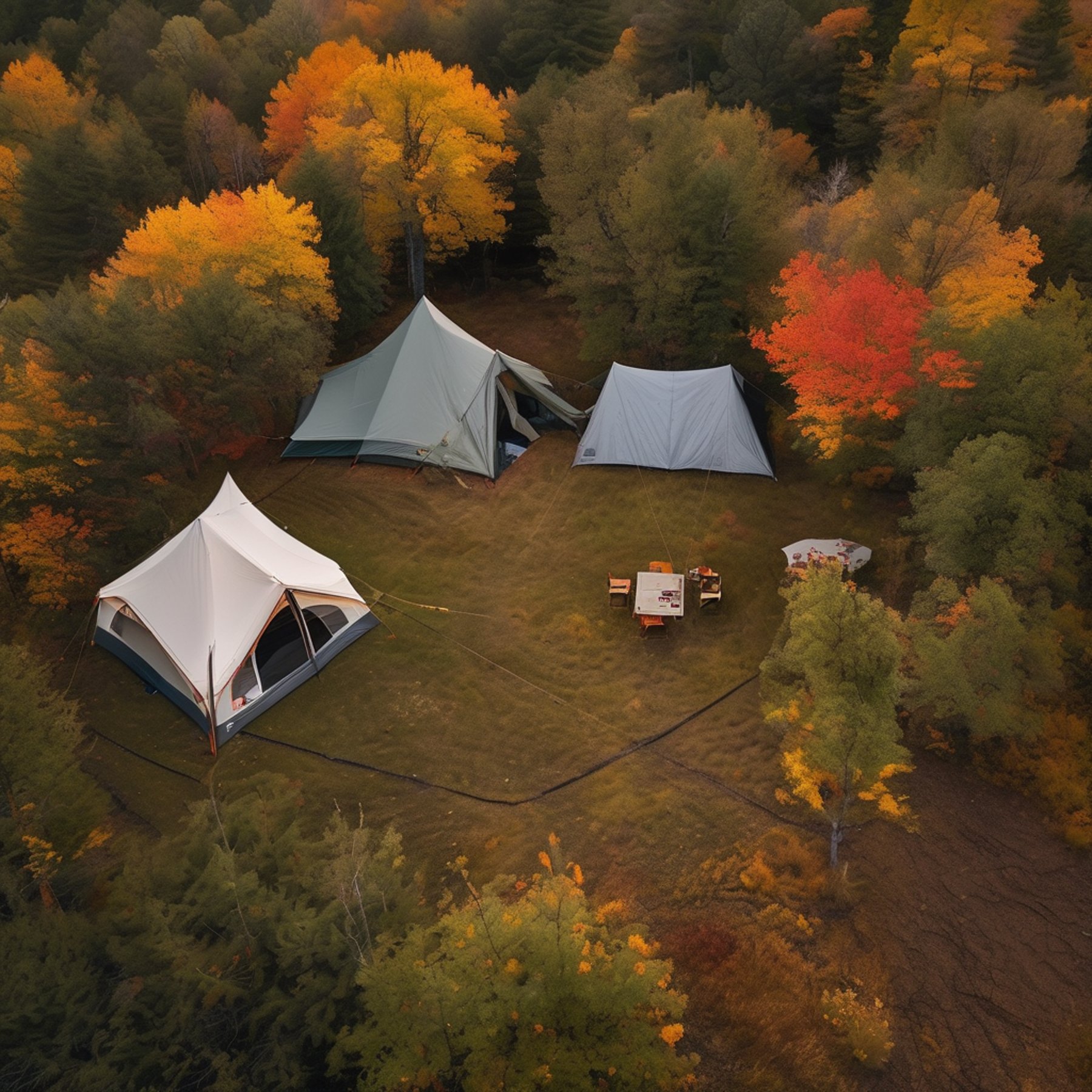 A cozy tent rests by a winding stream on the Maine coast. Fall trees, bright wildflowers, and a dusty hiking path surround the campsite as lightning flashes in the distance. A delicate spider web hangs between two trees.