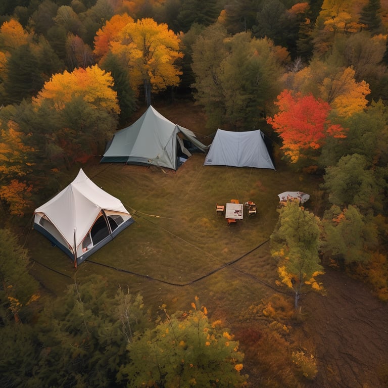 A cozy tent rests by a winding stream on the Maine coast. Fall trees, bright wildflowers, and a dusty hiking path surround the campsite as lightning flashes in the distance. A delicate spider web hangs between two trees.