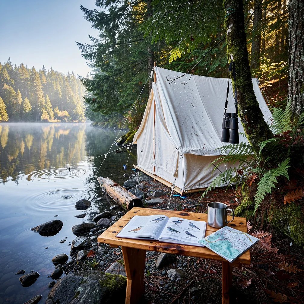 A white canvas tent sits under tall evergreen trees beside a quiet lake after a light rain. The air feels fresh, and the wet ferns and moss shine in the bright morning sun. Across the water, the campsite reflects like a mirror, with a small wooden table and binoculars ready for exploring.