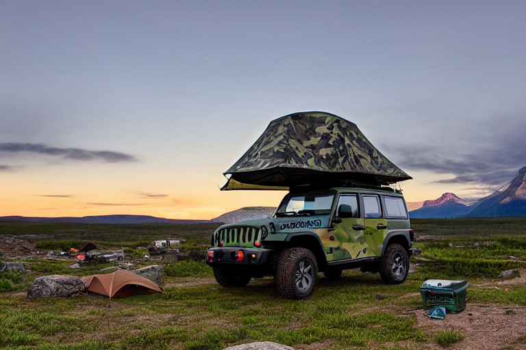 A green camo Jeep sits at a quiet dirt campsite in Glacier National Park. Its rooftop tent is open beneath a cloudy dusk sky, with the moon glowing in the distance. Fallen leaves, camping gear, and tall mountain scenery create a cozy outdoor escape.