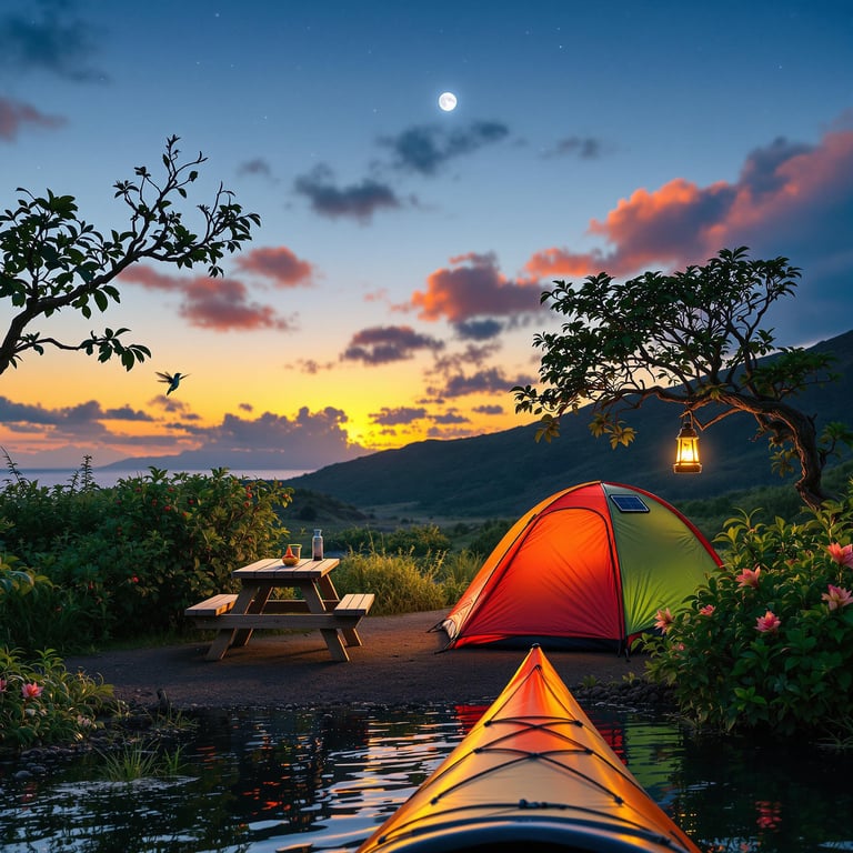 A cozy campsite glows under the stars with a colorful tent by a calm lake. The sunset paints the sky in hues of orange and purple, while a lantern hangs gently from a tree. Nearby, a friendly canoe waits for adventurers to explore the peaceful waters.
