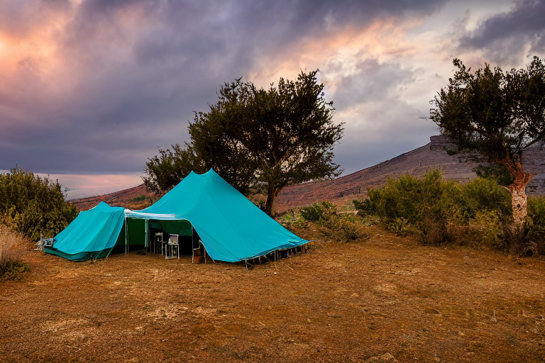 A teal tent rests on a quiet dirt patch as the sun sets over Santorini. Tall grass, large trees, and bright fall leaves surround the campsite, while hikers pass under a cloudy sky.