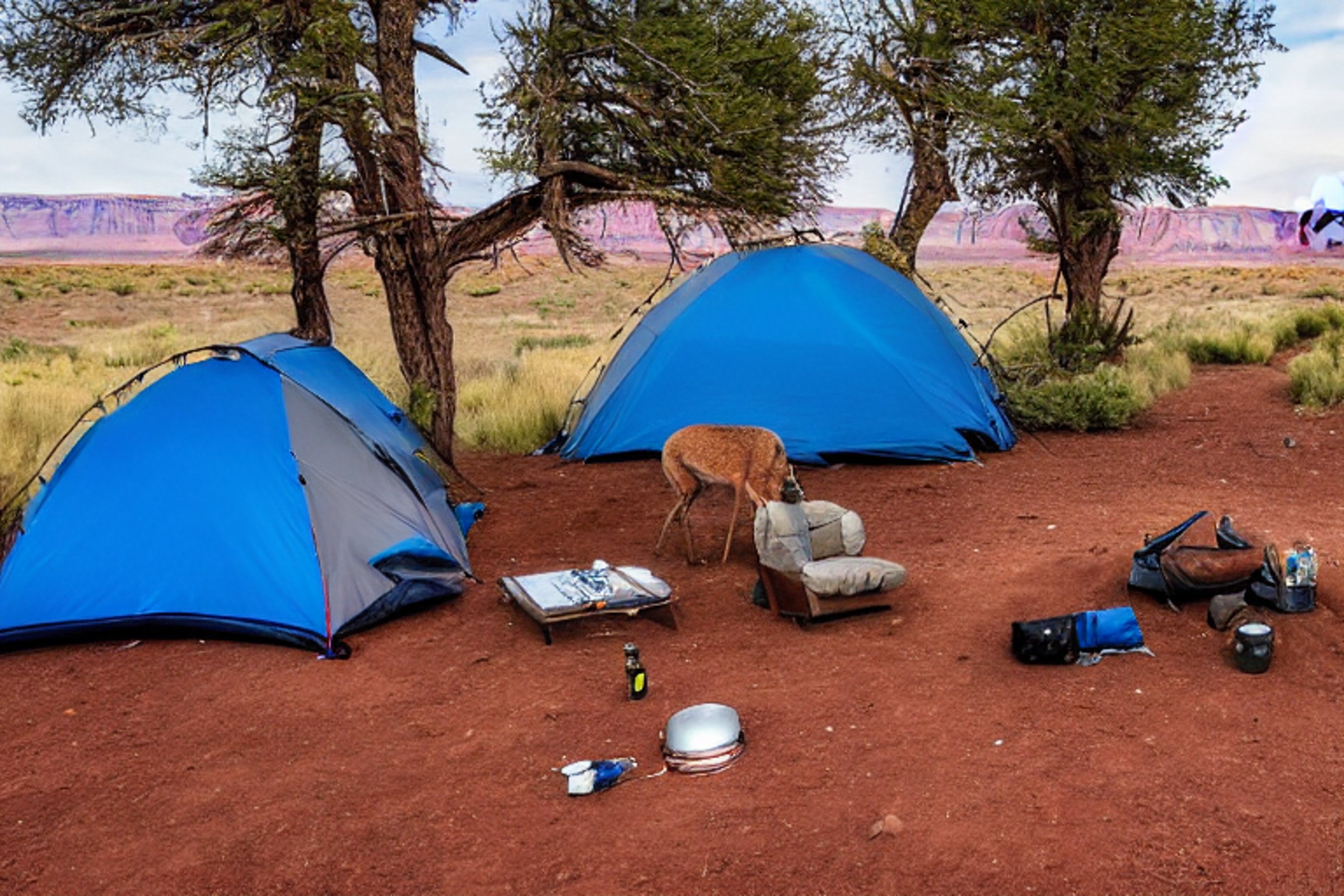 A blue and gray tent rests on a sunny dirt clearing in Monument Valley. A campfire and gear sit nearby, while a deer wanders in the distance beneath the clear sky.