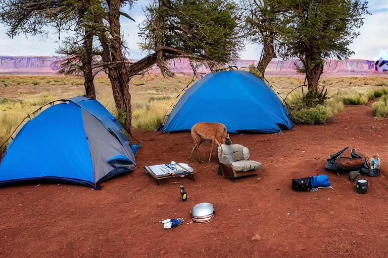 A blue and gray tent rests on a sunny dirt clearing in Monument Valley. A campfire and gear sit nearby, while a deer wanders in the distance beneath the clear sky.