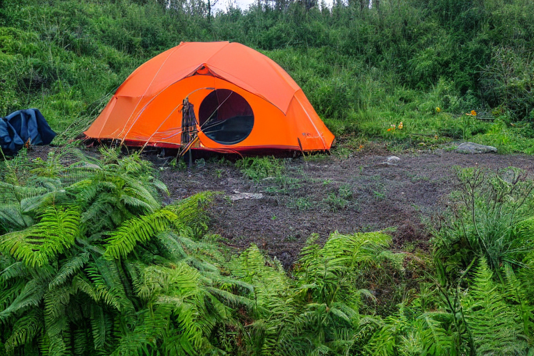 A bright orange tent rests beside a sunny hot spring, surrounded by tall bushes, ferns, and overgrown grass. A wooden guitar lies near the dirt patch, adding a cozy touch to the peaceful campsite.