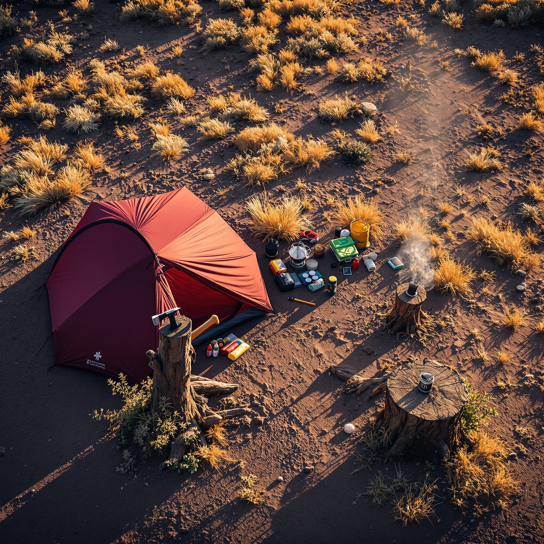This campsite sits in a sunny, dry field with golden grass and tree stumps. There’s a bright red tent and lots of camping gear for cooking and exploring. The peaceful scene feels perfect for a fun outdoor adventure.