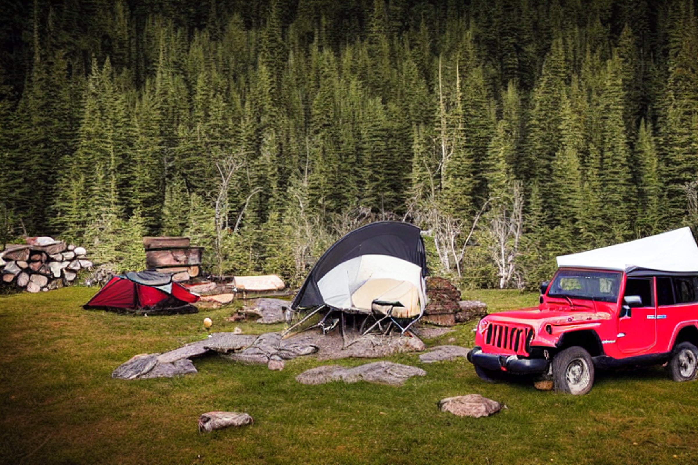 A red and white Jeep with an open rooftop tent rests in a quiet Alaska wilderness campsite. A warm campfire glows among the stones, with a guitar lying nearby. Tall mountains and a sky full of stars create a peaceful night.